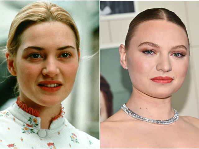 Kate Winslet na zábere z roku 1996 (vľavo) a jej dcéra Mia Threapleton v roku 2025