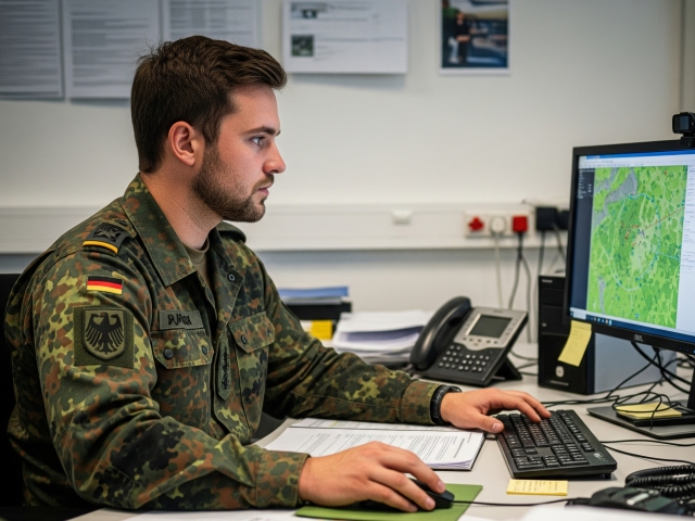 Príslušník Bundeswehru za počítačom - obrázok vytvorený umelou inteligenciou
