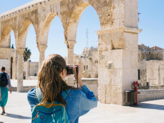 turistka, fotenie, fotoaparát, fotografia, cestovanie, dovolenka, ruiny, historický, Izrael, Jeruzalem
