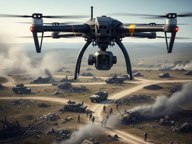 Dron skenuje bojisko - obrázok vytvorený umelou inteligenciou