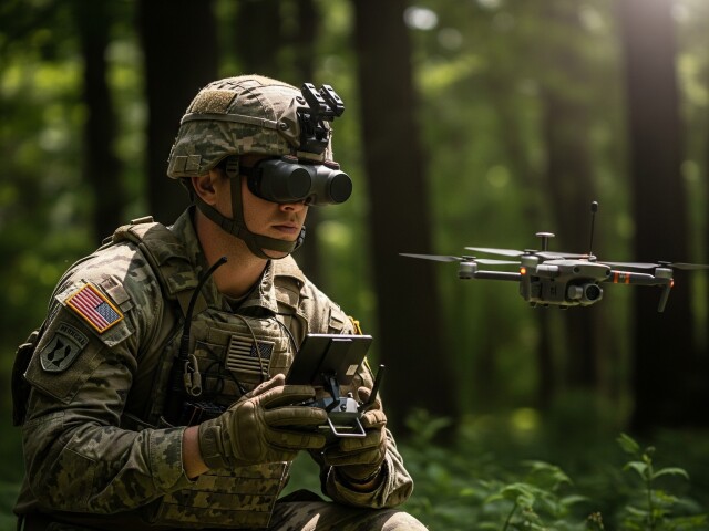 Vojak US Army s FPV dronom - obrázok vytvorený umelou inteligenciou