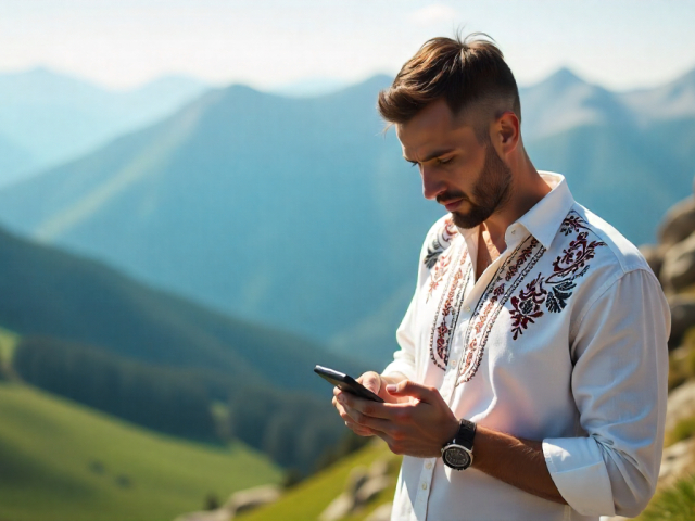 Slovák, mobil, Tatry, telefón, muž, kroj, košeľa, výšivka