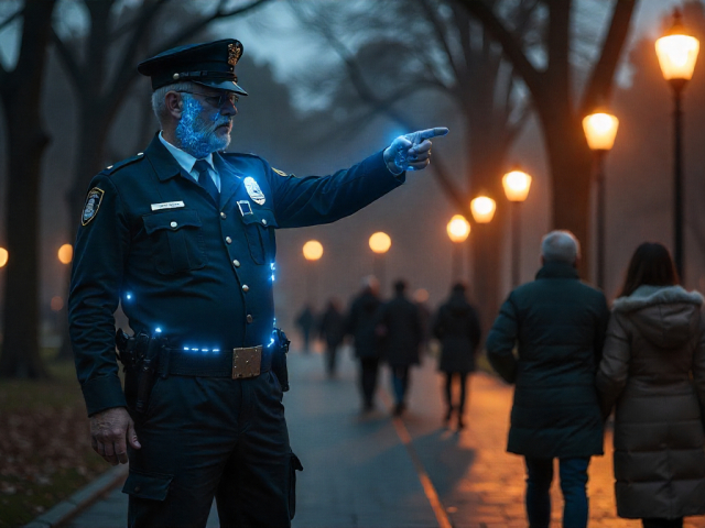 policajt, hologram, park, polícia, Soul, Južná Kórea