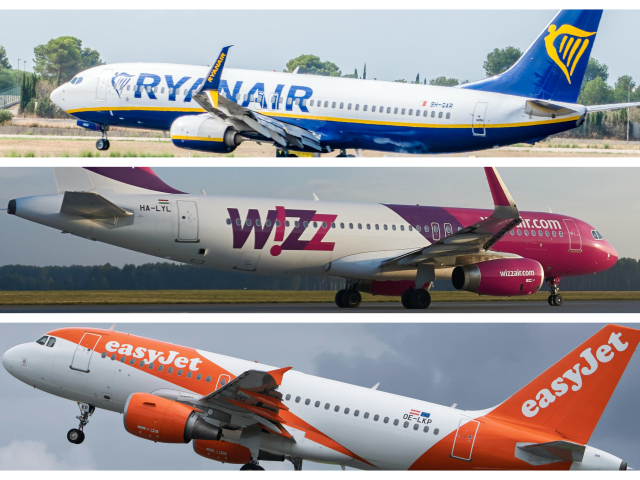 koláž, Ryanair, Wizzair, easyJet, lietadlá