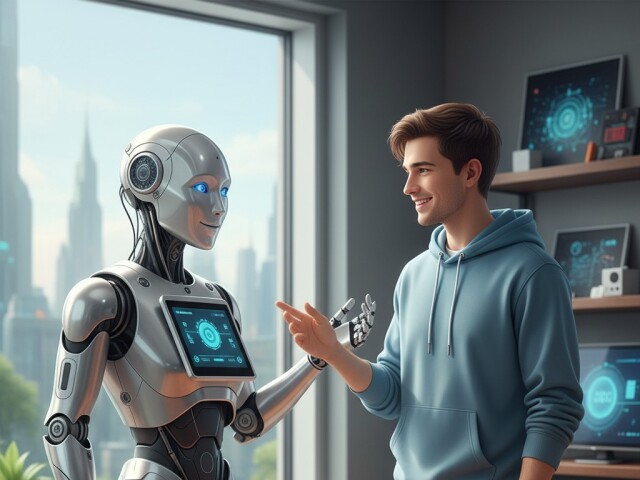Človek sa rozpráva s robotom - obrázok vytvorený AI