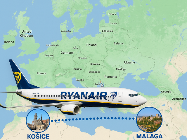 Ryanair, mapa, Košice, Malaga