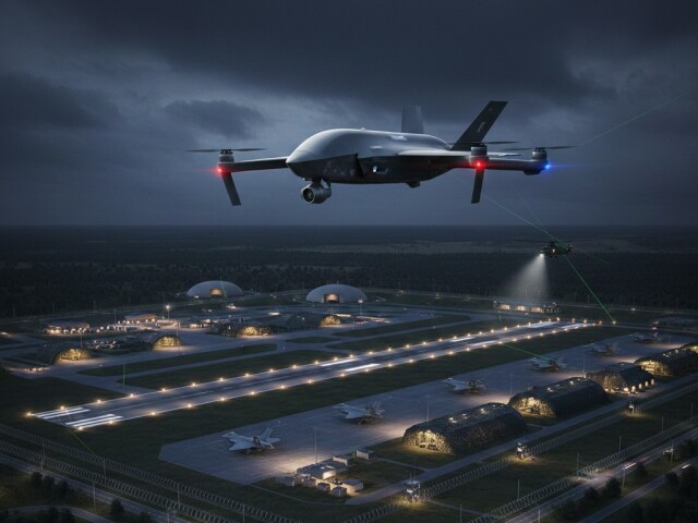Dron nad leteckou základňou - obrázok vytvorený AI