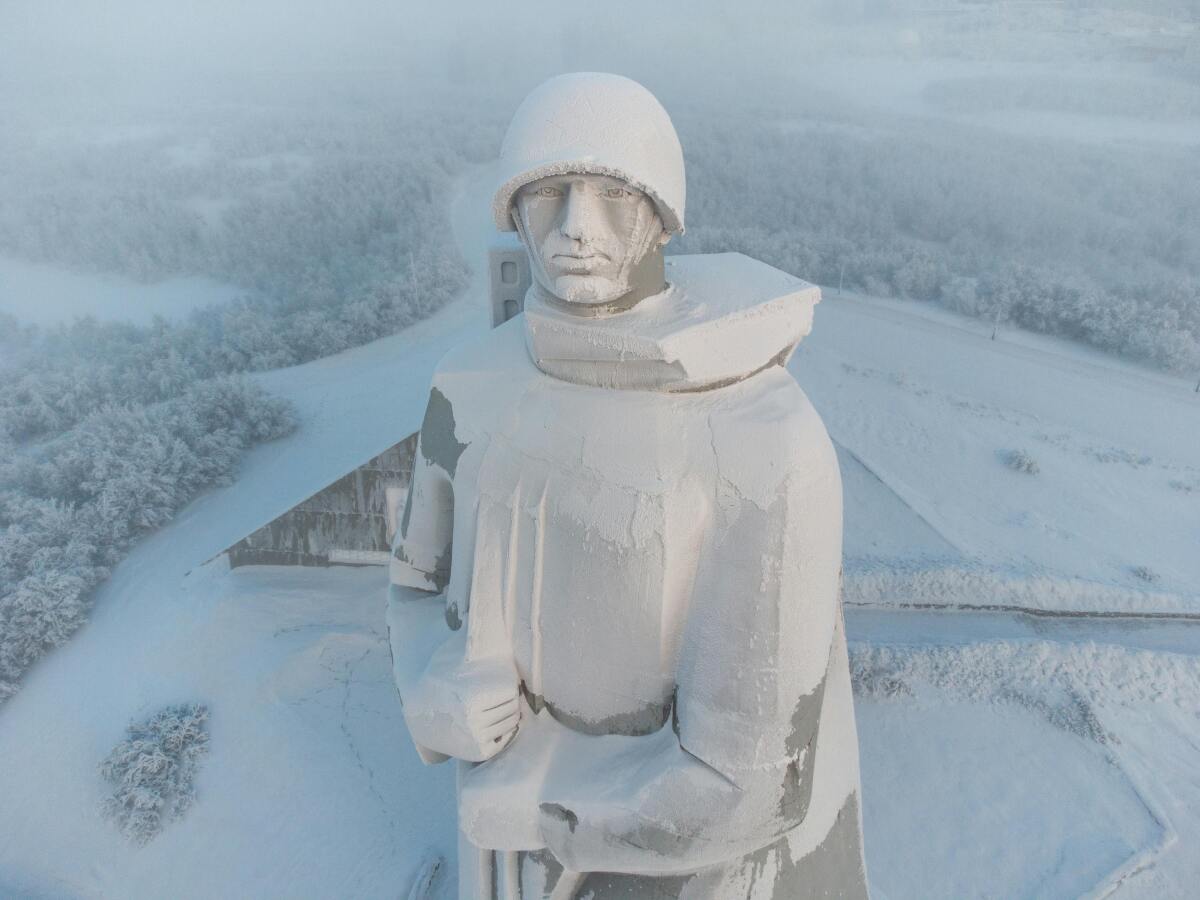 Murmansk, Rusko, zima, sneh, vojak, socha