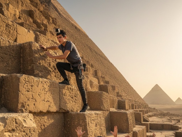 Egypt, pyramída, lezenie, polícia,