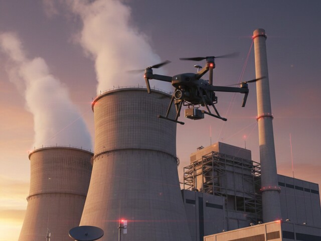 Dron pri objekte kritickej infraštruktúry - obrázok vytvorený AI