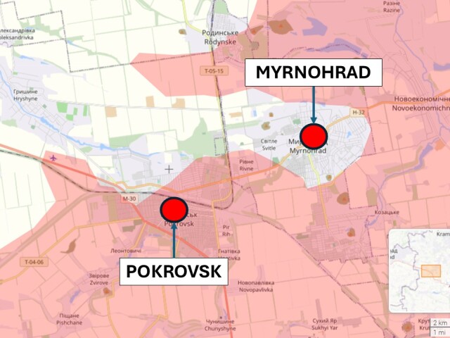 Pokrovsk a Myrnohrad, Ukrajina 14. decembra 2025 podľa liveuamap