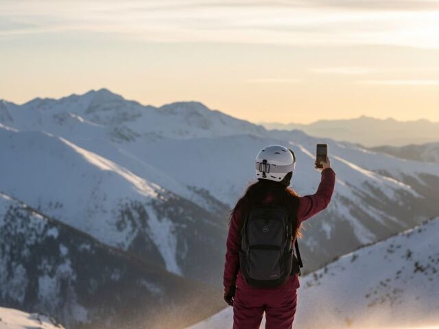 turistka, selfie, hory, cestovanie, mobil, zima, sneh, lyžovačka