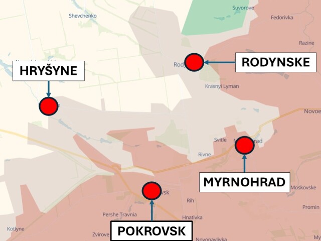 Pokrovsk, Ukrajina 9. februára 2026 podľa DeepState