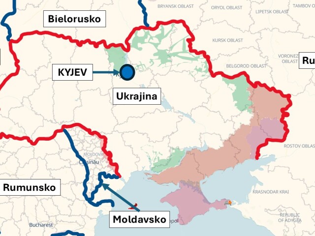 Situácia v Ukrajine k 22. februáru 2026 podľa DeepState. Zelenou farbou sú vyznačené územia dobyté Rusmi a oslobodené Ukrajincami. Fialová farba znázorňuje územia kontrolované separatistami od roku 2014 a hnedá územia pod kontrolou Ozbrojených síl Ruskej federácie.