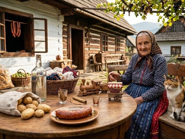 babička, dedina, nárečie, stôl, vidiek, zemiaky, starká