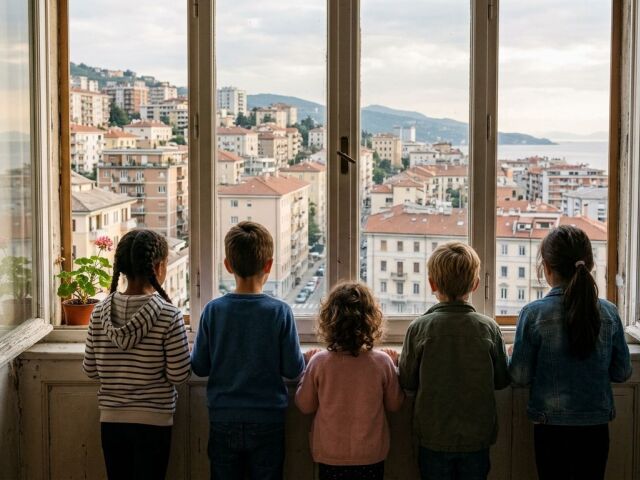 deti, okno, Terst, Taliansko