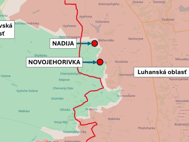 Novojehorivka a Nadija, Luhanská oblasť, Ukrajina 31. marca 2026 podľa DeepState