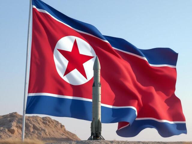 Vlajka KĽDR a Hwasong-11 - obrázok vytvorený AI