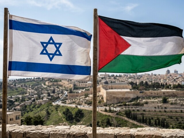 Izraelská a palestínska vlajka v Jeruzaleme - obrázok vytvorený AI