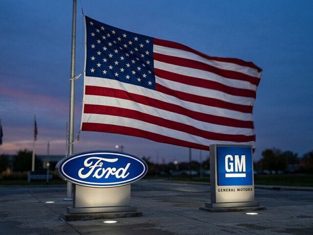 Vlajka USA a logá Ford a General Motors - obrázok vytvorený AI