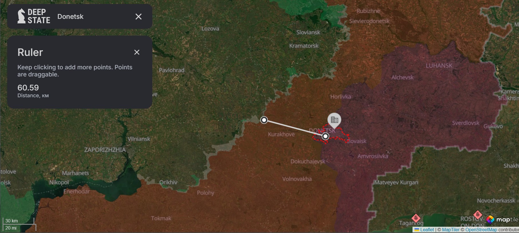 Mapa projektu DeepState ukazuje približnú polohu Donecka a vzdialenosť zhruba 60 kilometrov od západného okraja frontu.