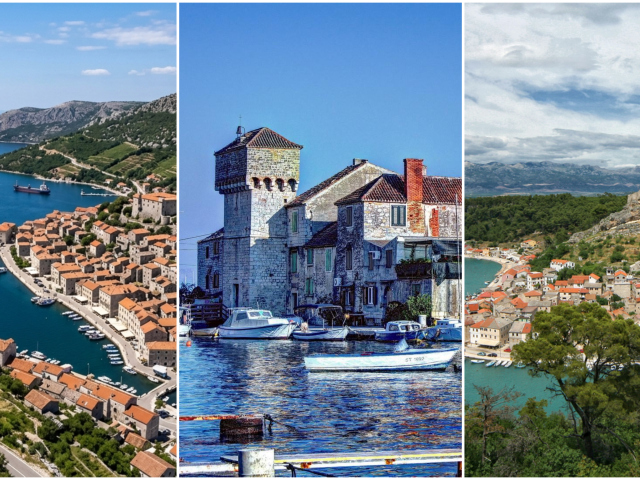 Chorvátsko, koláž, mestá, cestovanie, Novigrad Dalmatinski, Bakar, Kaštel Gomilica