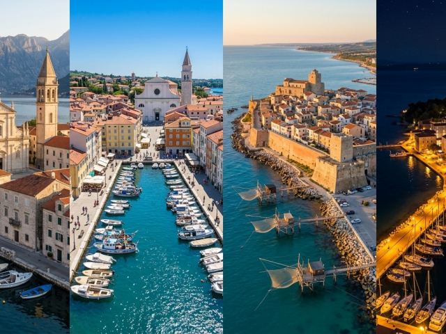 koláž miest Prčanj, Muggia, Termoli, Izola, cestovanie