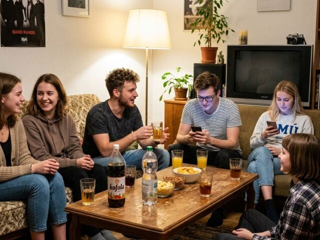 mladí, priatelia, kamaráti, nápoje, obývačka