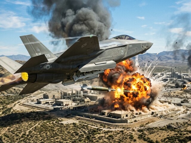Stíhacie lietadlo F-35 útočí na pozemný cieľ - obrázok vytvorený AI