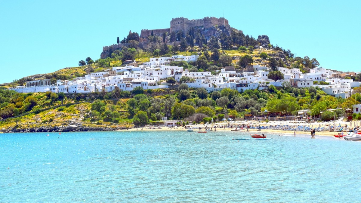 Lindos, Rodos, Grécko, cestovanie, more