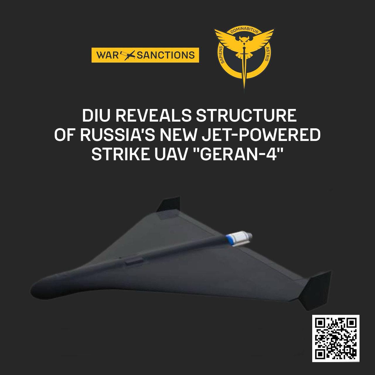 Nový ruský prúdový dron Geran-4 v materiáloch ukrajinskej rozviedky HUR.