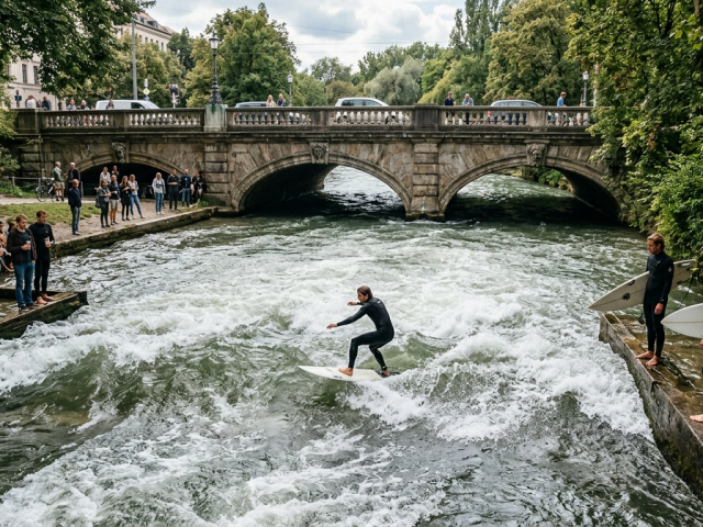 surfovanie, rieka, Eisbach, Mníchov, Nemecko