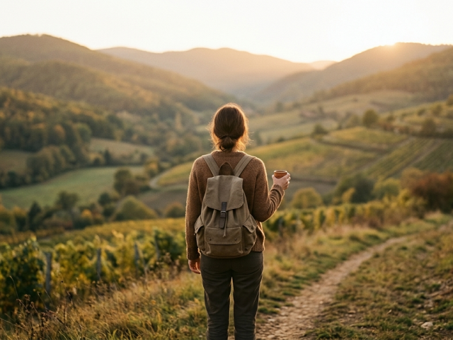 cestovanie, turistka, dovolenka, tichý turizmus, žena, pole
