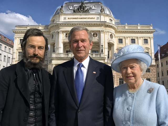 Štúr, Bush, Alžbeta II. Bratislava, Hviezdoslavovo námestie, Slovenské národné divadlo