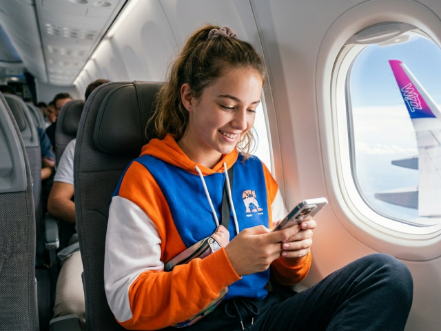 lietadlo, WizzAir, cestovanie, mobil, pasažierka