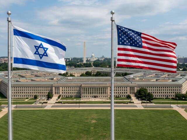 Pentagón a vlajky Izraela a USA - obrázok vytvorený AI