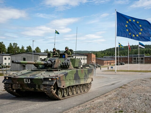 Tank CV90120 s vlajkou EÚ - obrázok vytvorený AI