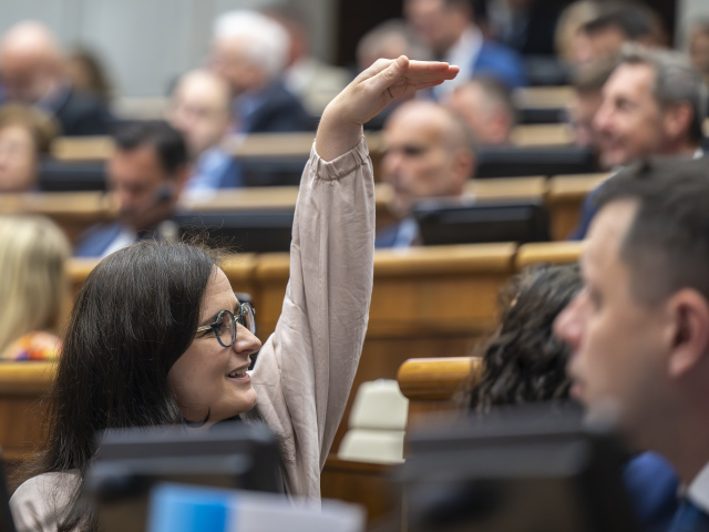 Na snímke poslankyňa parlamentu SR Zuzana Mesterová (PS) ukazuje kolegom aby sa zdržali hlasovania.