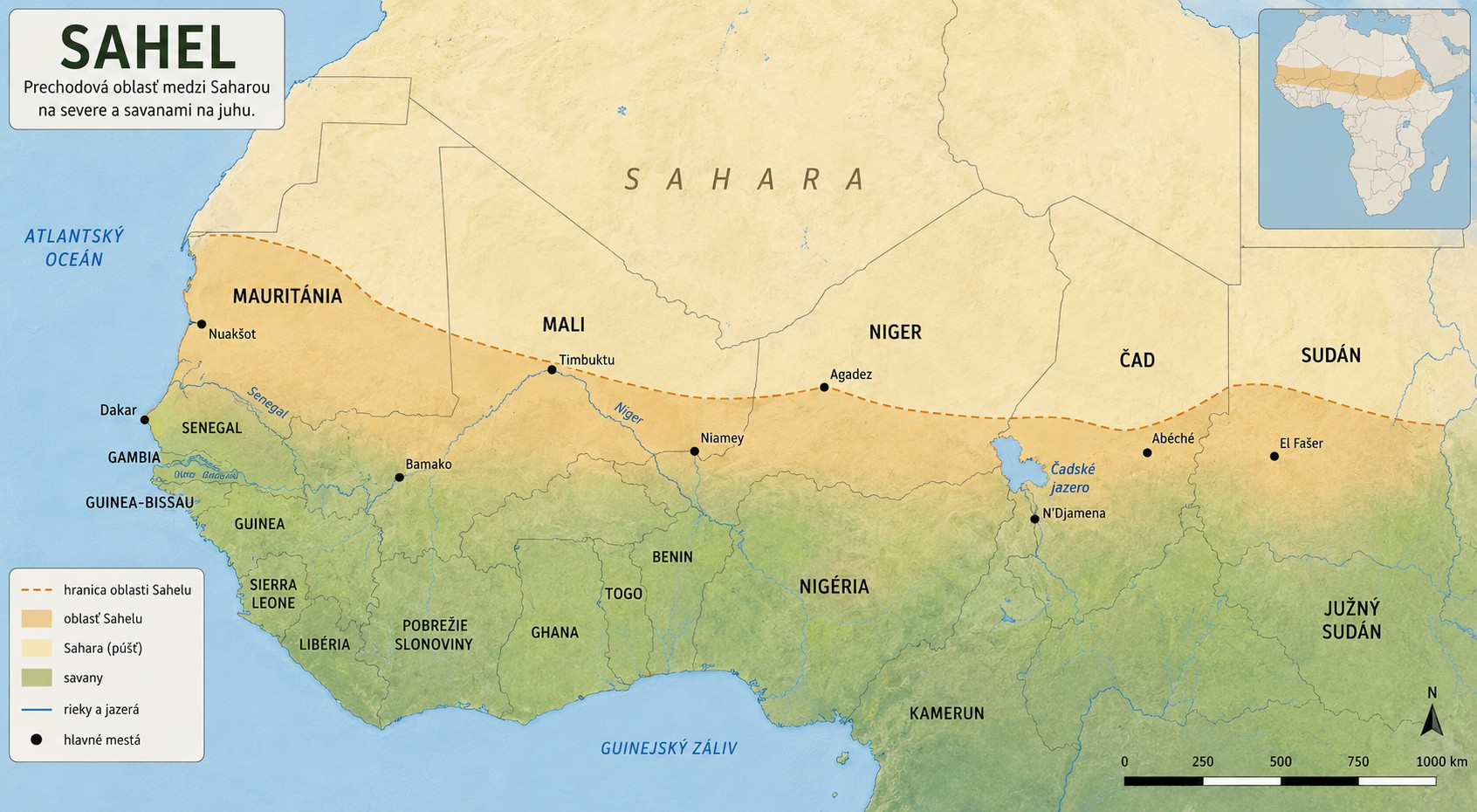 Mapa regiónu Sahelu v Afrike