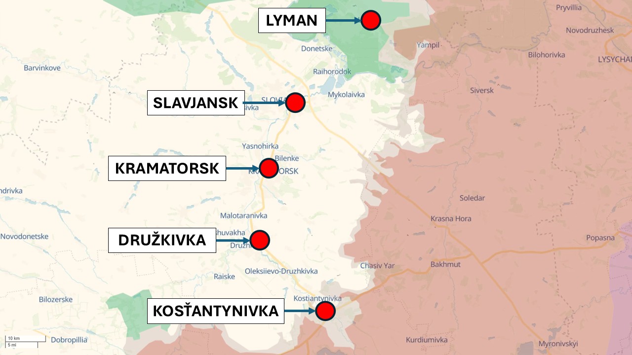 Tzv. pevnostný pás miest na Donbase, Ukrajina 2. júla 2026 podľa DeepState