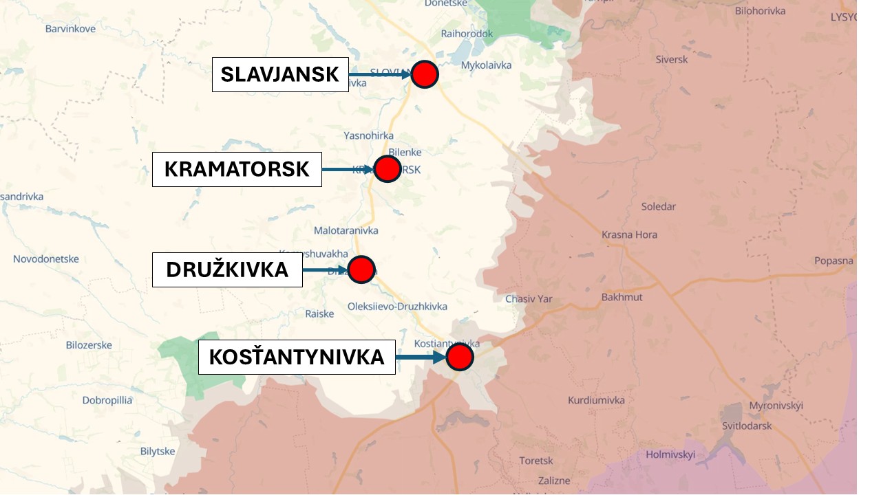 Pevnostný pás miest na Donbase, Ukrajina 4. júla 2026 podľa DeepState