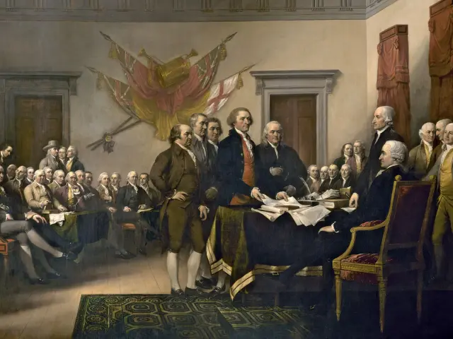 Schvaľovanie Deklarácie nezávislosti 4. júla 1776 vo Filadelfii.