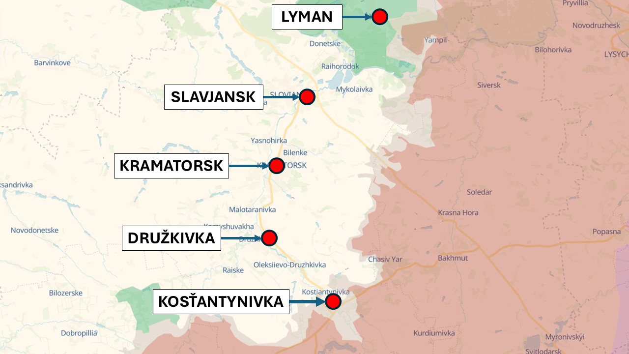 Tzv. pevnostný pás na ukrajinskom Donbase 14. júla 2026 podľa DeepState