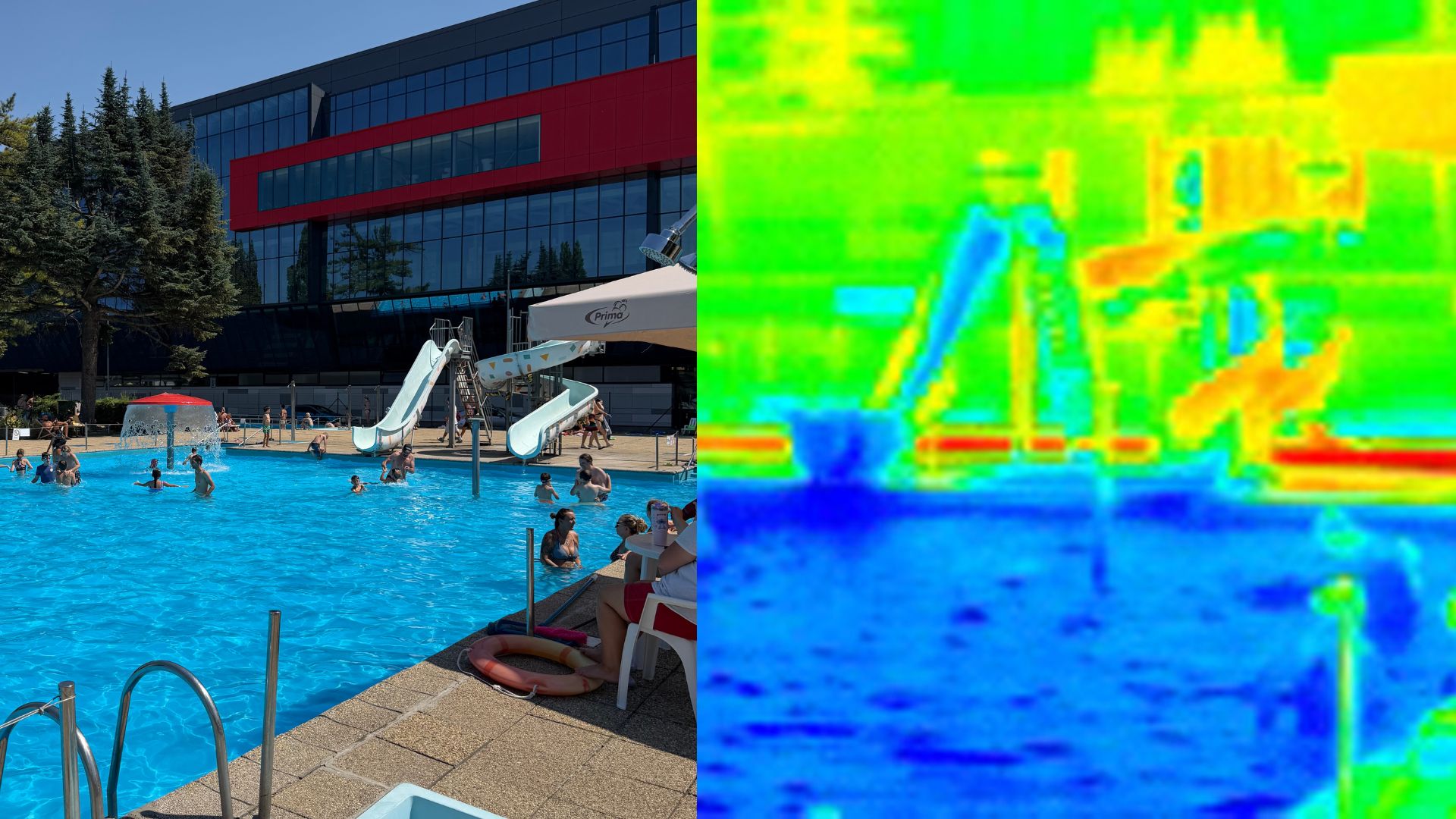 Kúpalisko a detské šmykľavky cez termokameru. Zelená farba na snímke označuje objekty s teplotou nad 30 °C, modrá farba objekty s teplotou pod 30 °C.