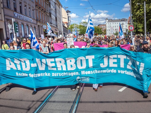 Demonštrácia za zákaz AfD v Halle (Sasko-Anhaltsko), 29. augusta 2026.