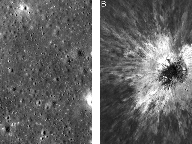Táto kombinácia fotografií zhotovených sondou NASA Lunar Reconnaissance Orbiter zobrazuje rovnakú oblasť na povrchu Mesiaca pred a po novo objavenom kráteri, ktorý dopadol na obežnicu Zeme v máji 2024.