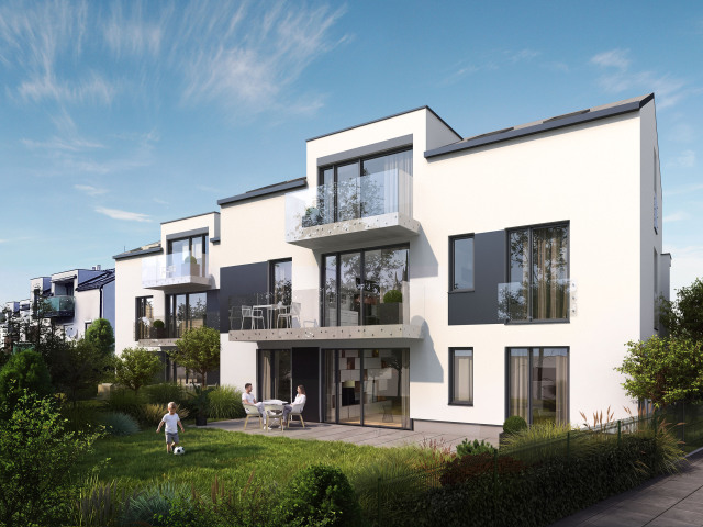 Nové Šuty II – architektonické riešenie dvojdomu so súkromnými záhradami a balkónmi – vizualizácia.