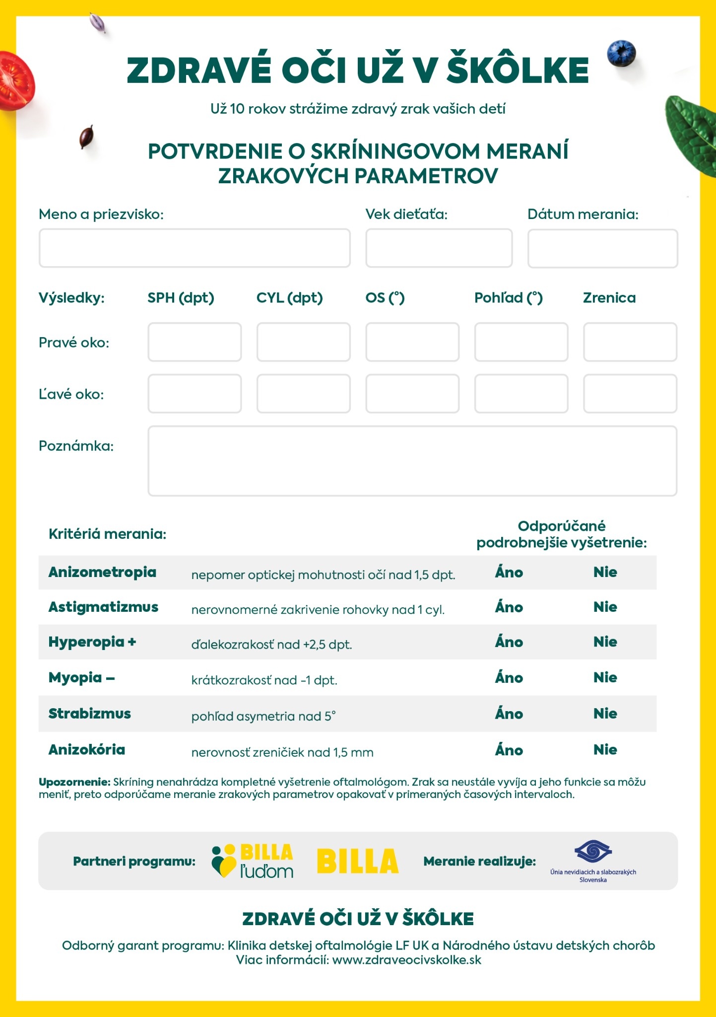 Zdravé oči už v škôlke – potvrdenie pre rodičov.