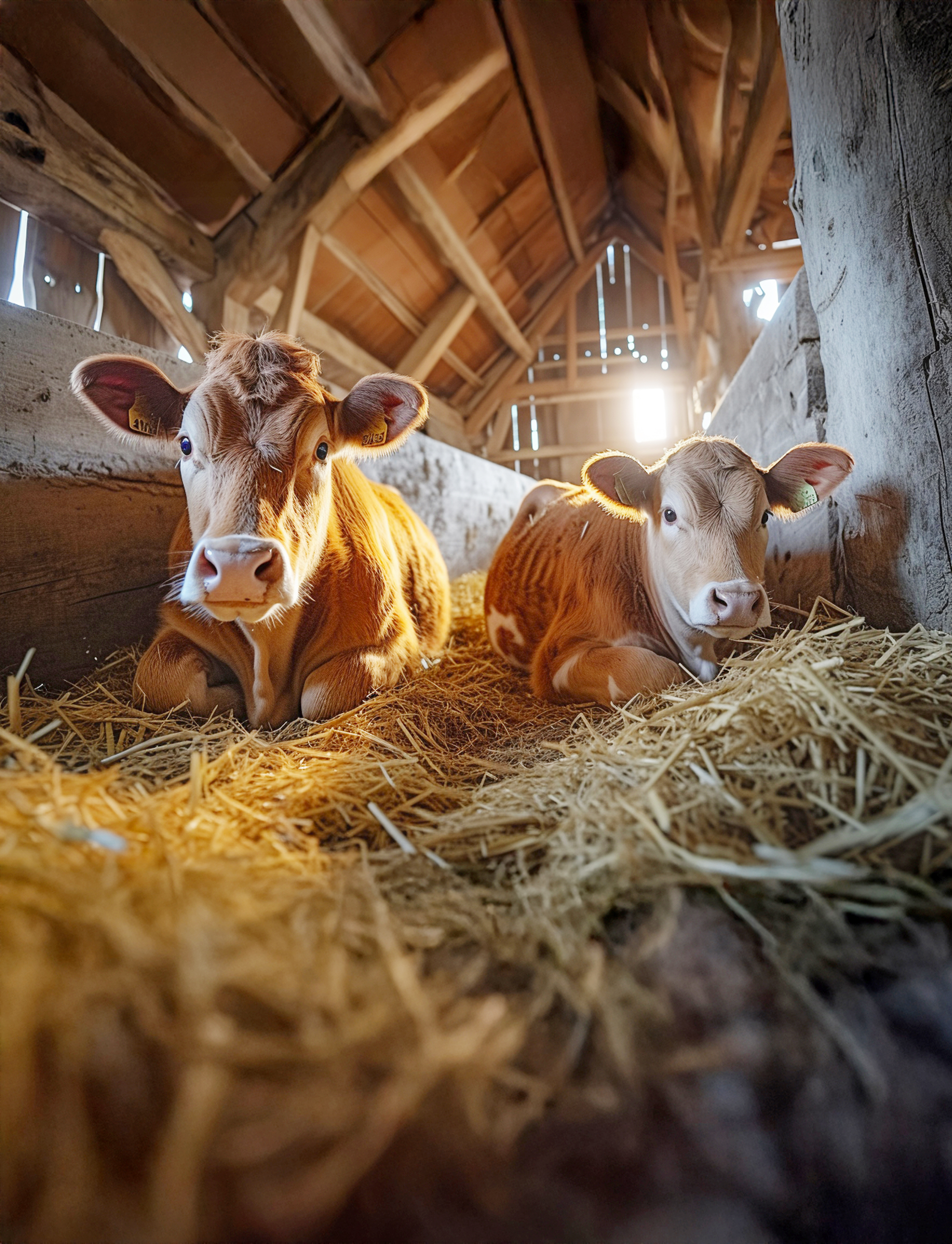 Dve kravy (Bos taurus) ležiace na sene v maštali.